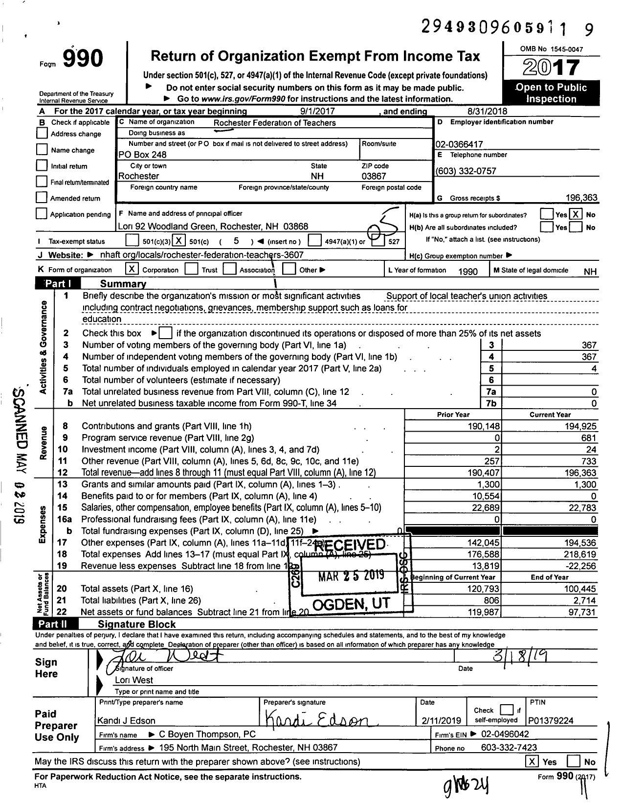 Image of first page of 2017 Form 990O for American Federation of Teachers - 3607 Rochester