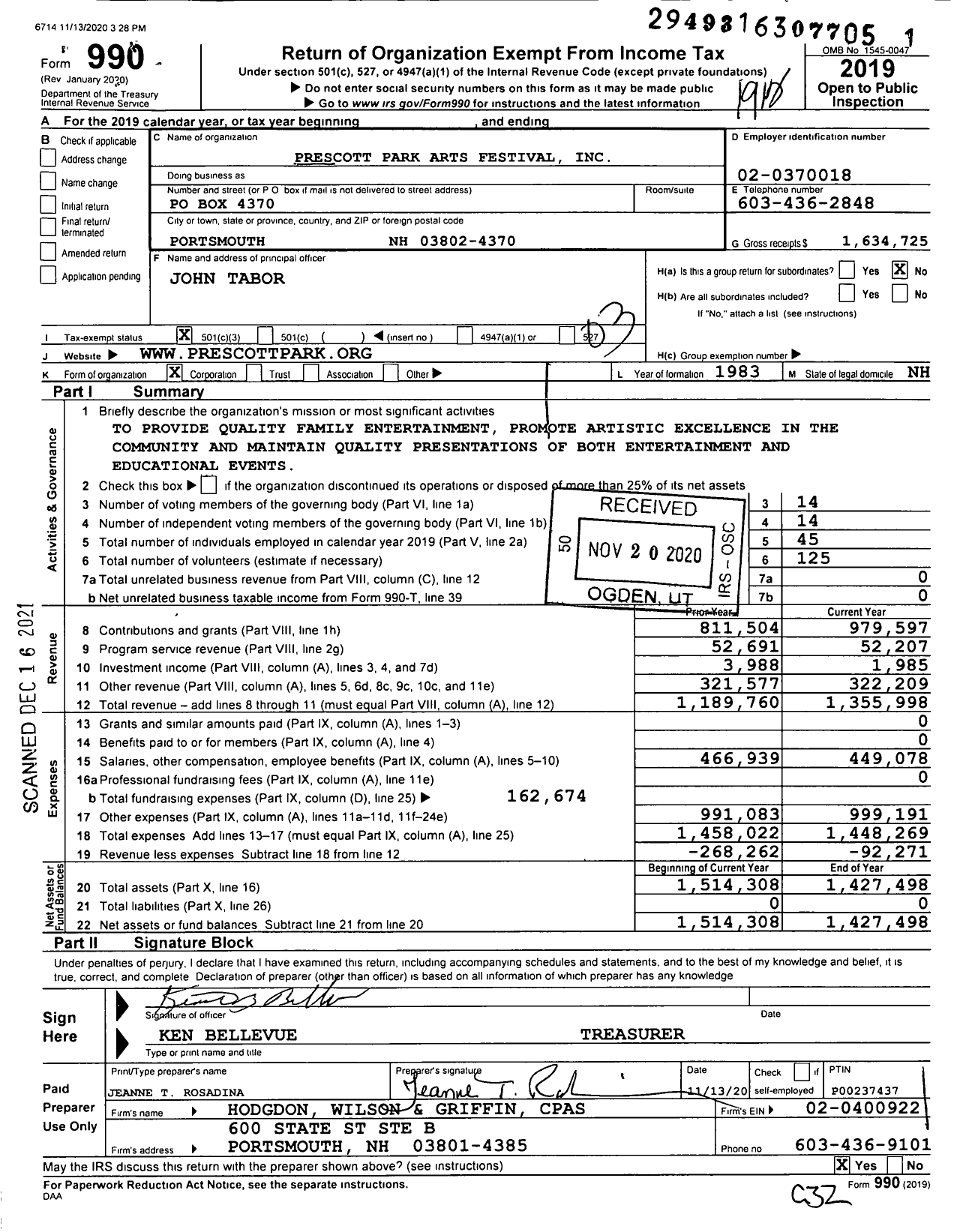 Image of first page of 2019 Form 990 for Prescott Park Arts Festival