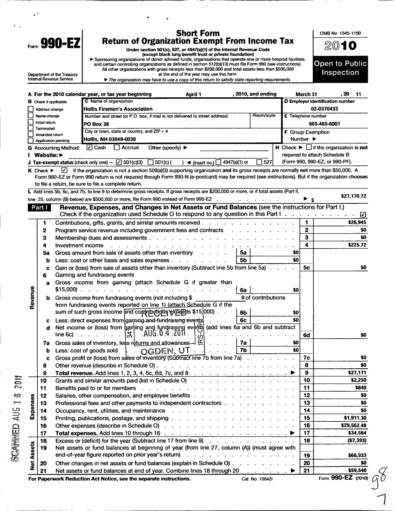 Image of first page of 2010 Form 990EZ for Hollis Firemens Association