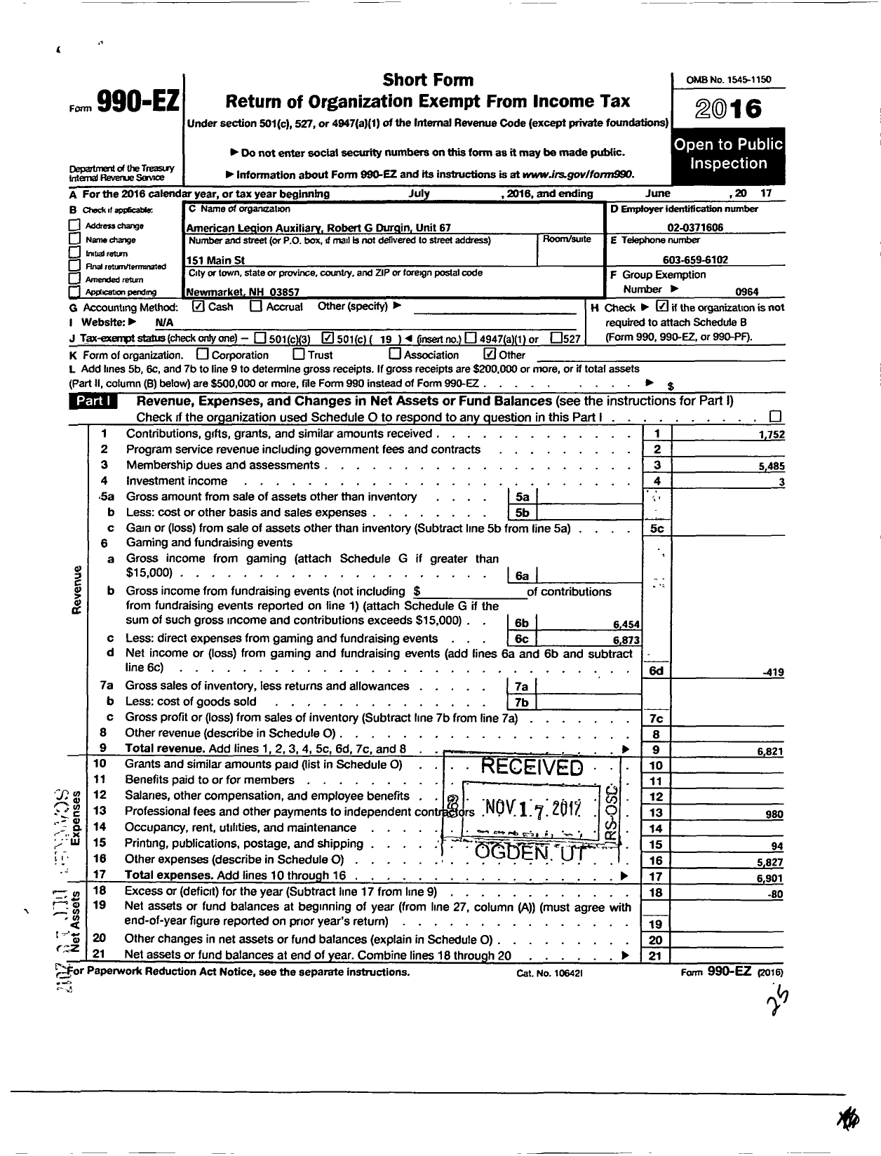 Image of first page of 2016 Form 990EO for American Legion Auxiliary - 67 Robert G Durgin Unit