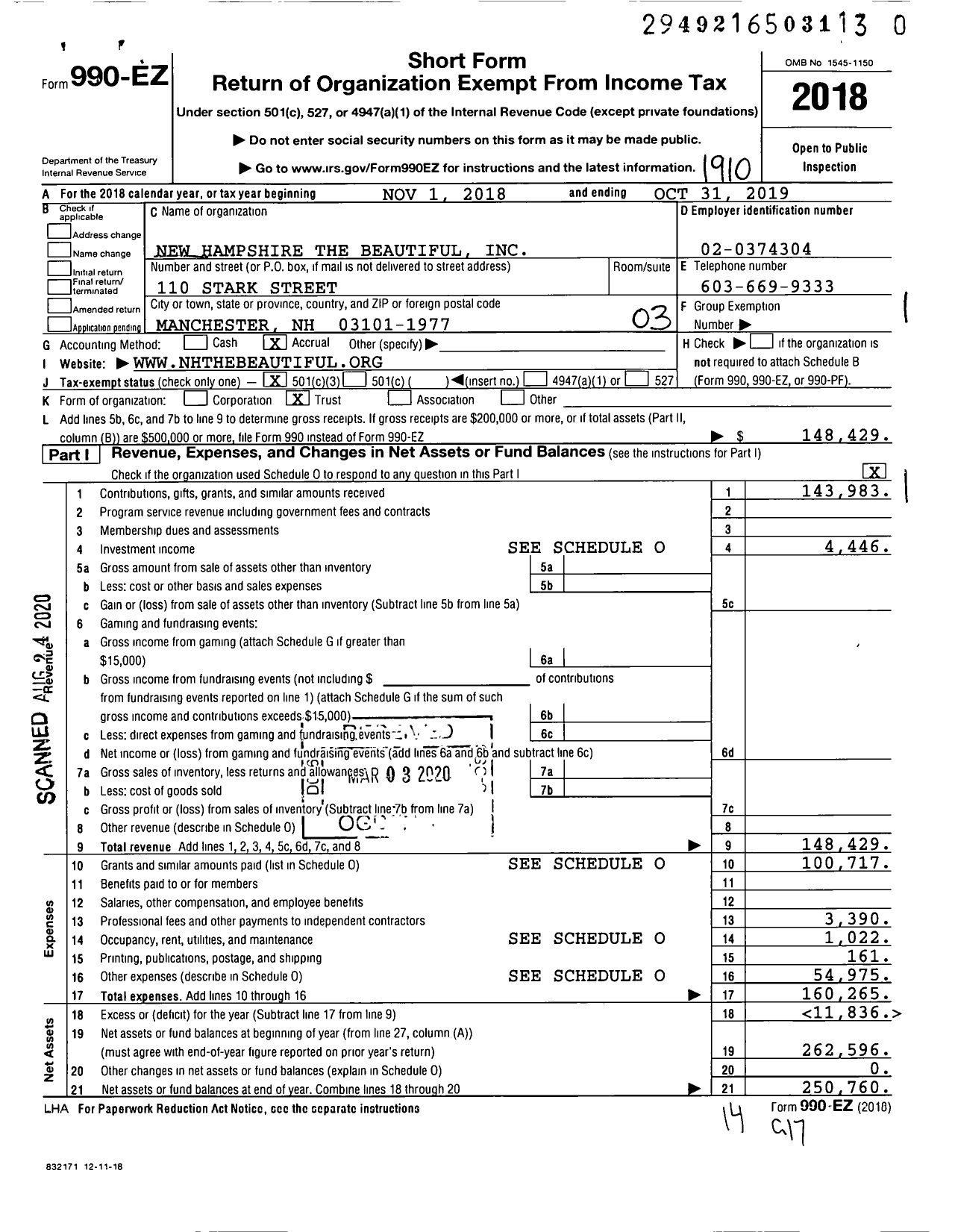 Image of first page of 2018 Form 990EZ for New Hampshire the Beautiful