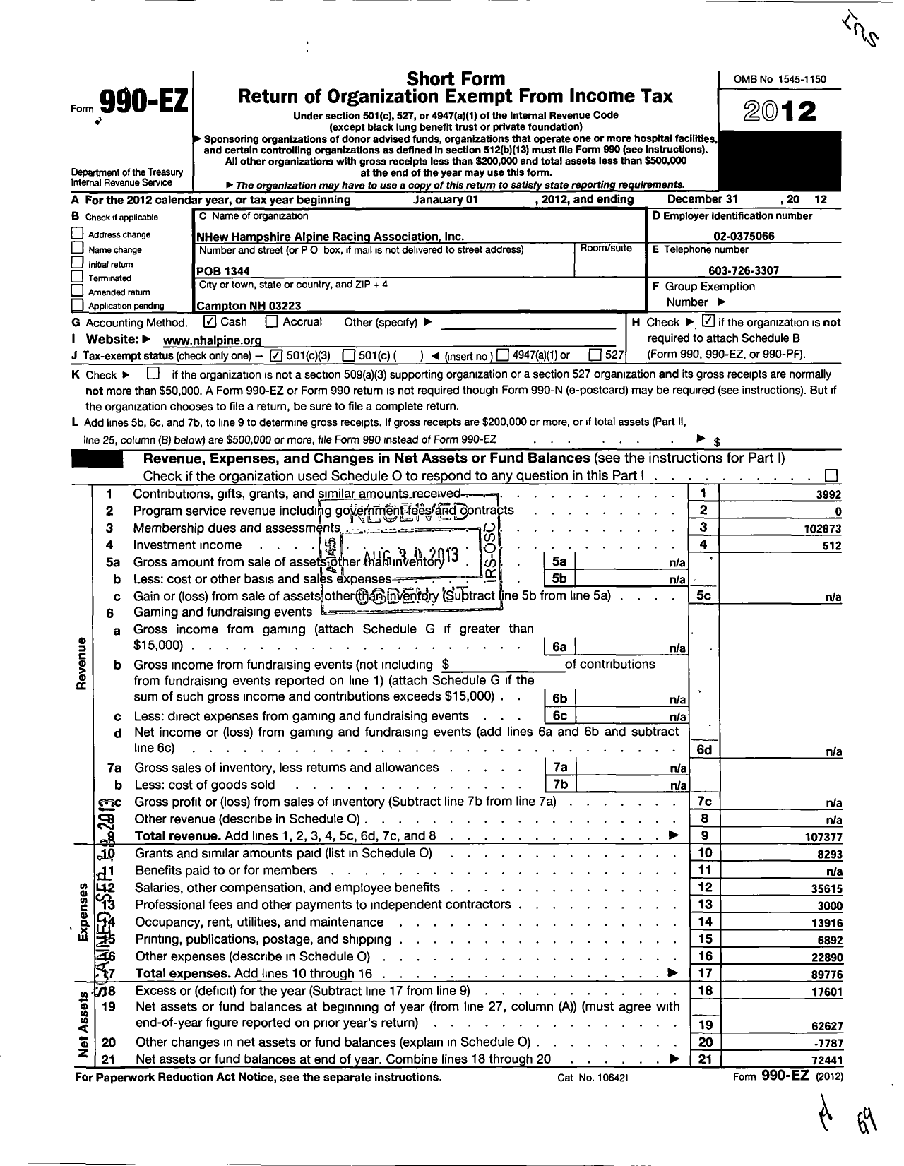 Image of first page of 2012 Form 990EZ for New Hampshire Alpine Racing Association