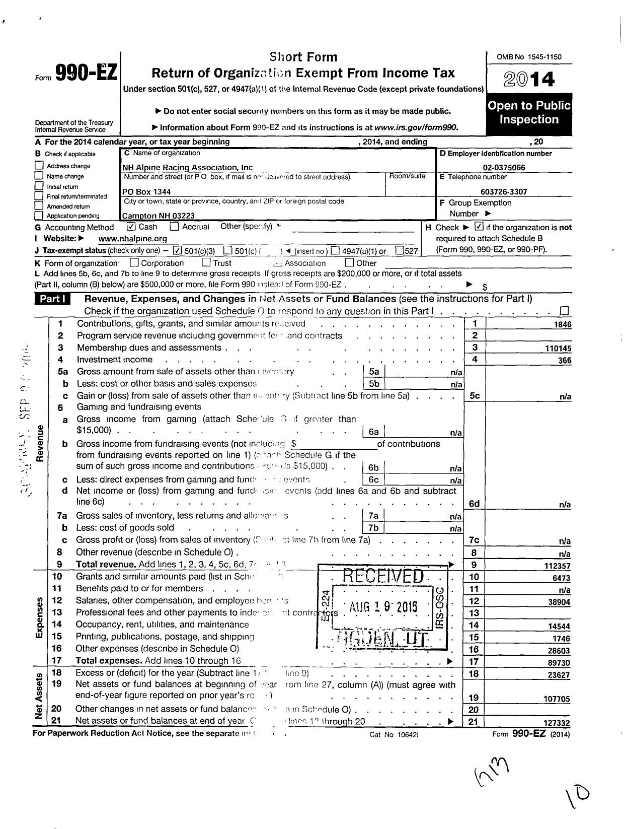 Image of first page of 2014 Form 990EZ for New Hampshire Alpine Racing Association