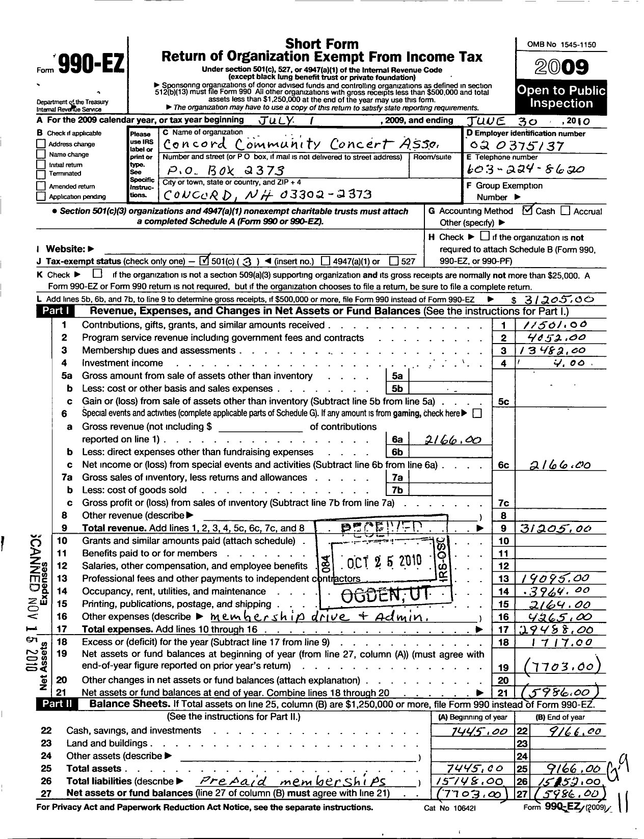 Image of first page of 2009 Form 990EZ for Concord Community Concert Association