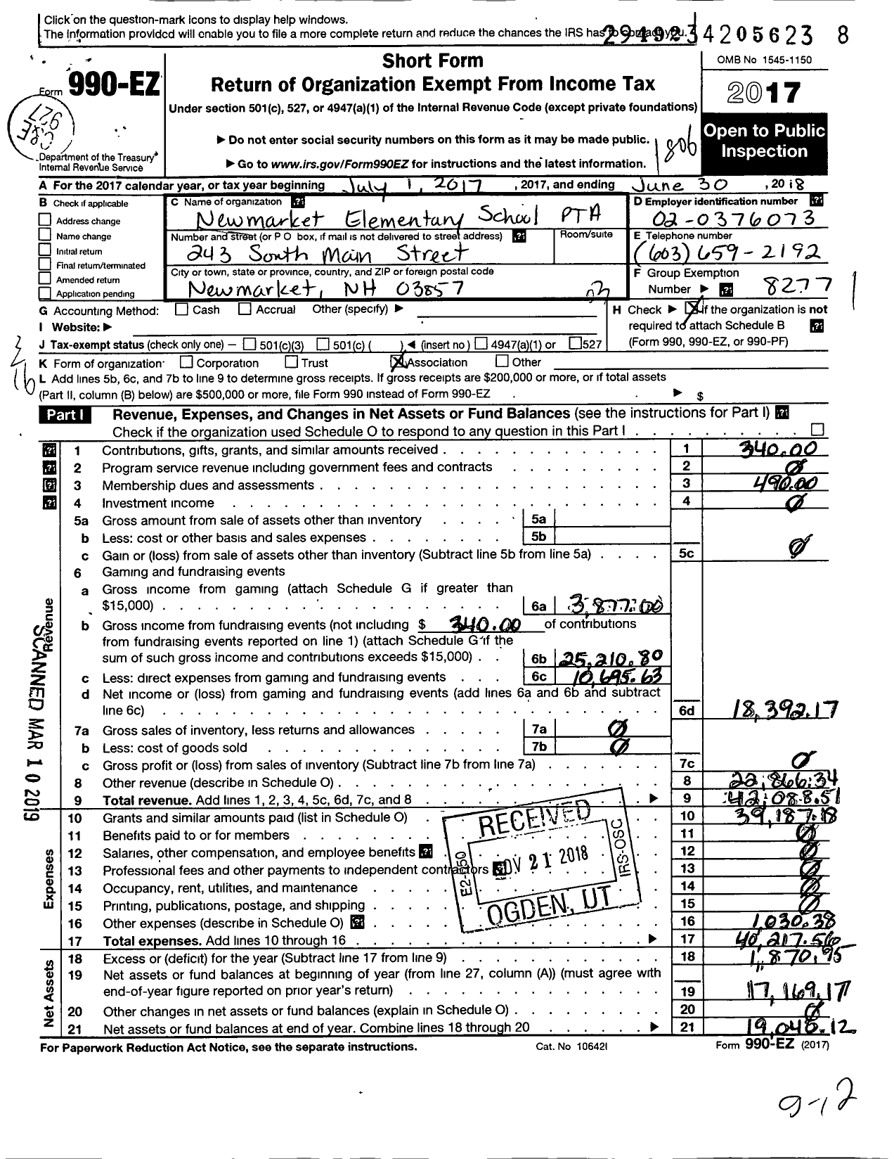 Image of first page of 2017 Form 990EZ for New Hampshire Congress of Parents and Teachers / Newmarket Elementary PTA