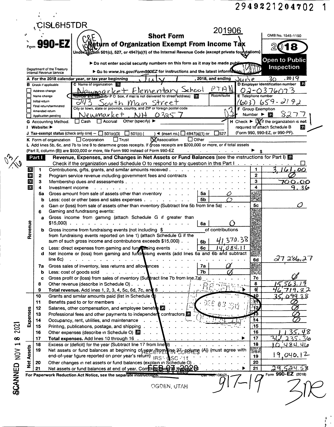 Image of first page of 2018 Form 990EZ for New Hampshire Congress of Parents and Teachers / Newmarket Elementary PTA