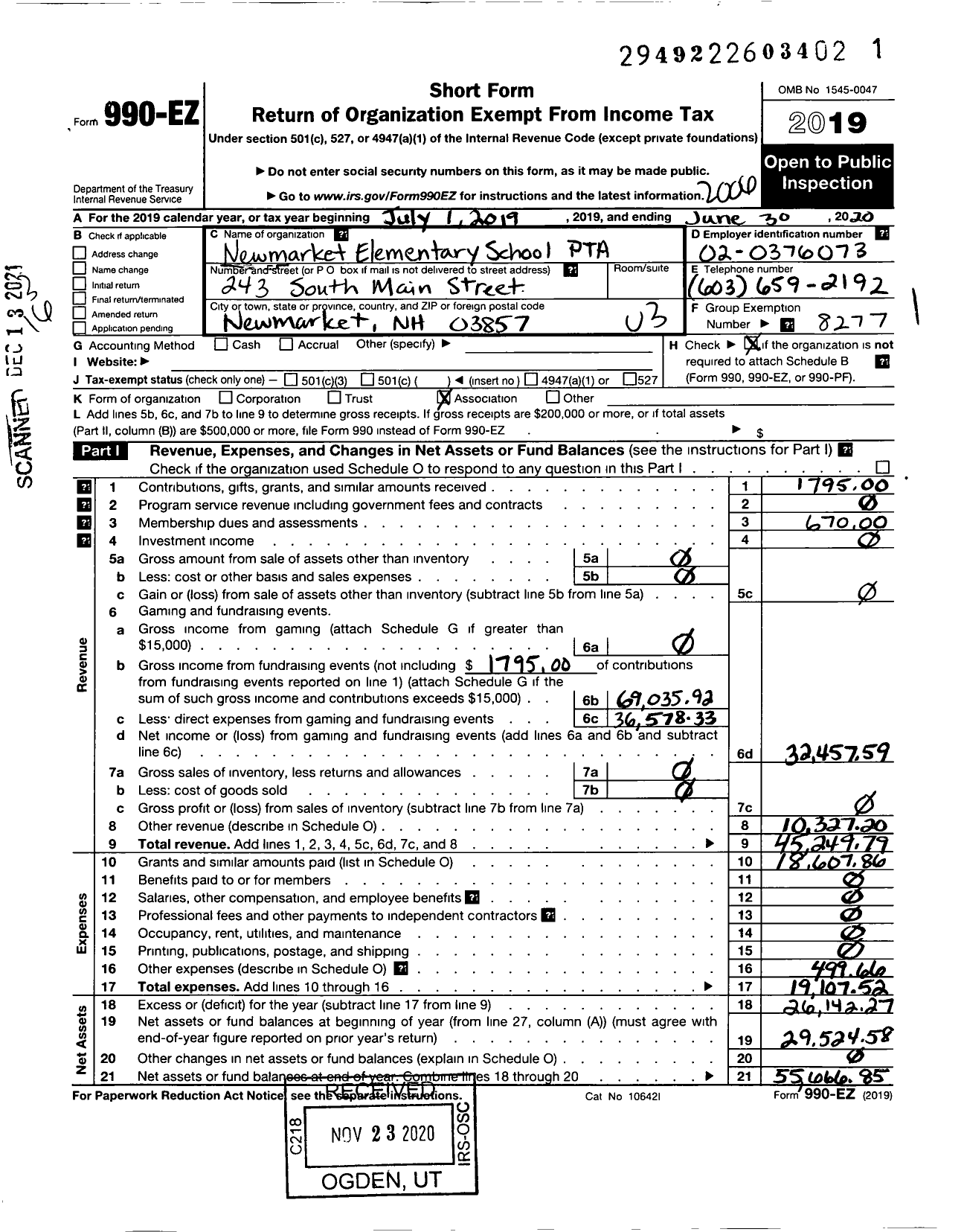 Image of first page of 2019 Form 990EZ for New Hampshire Congress of Parents and Teachers / Newmarket Elementary PTA