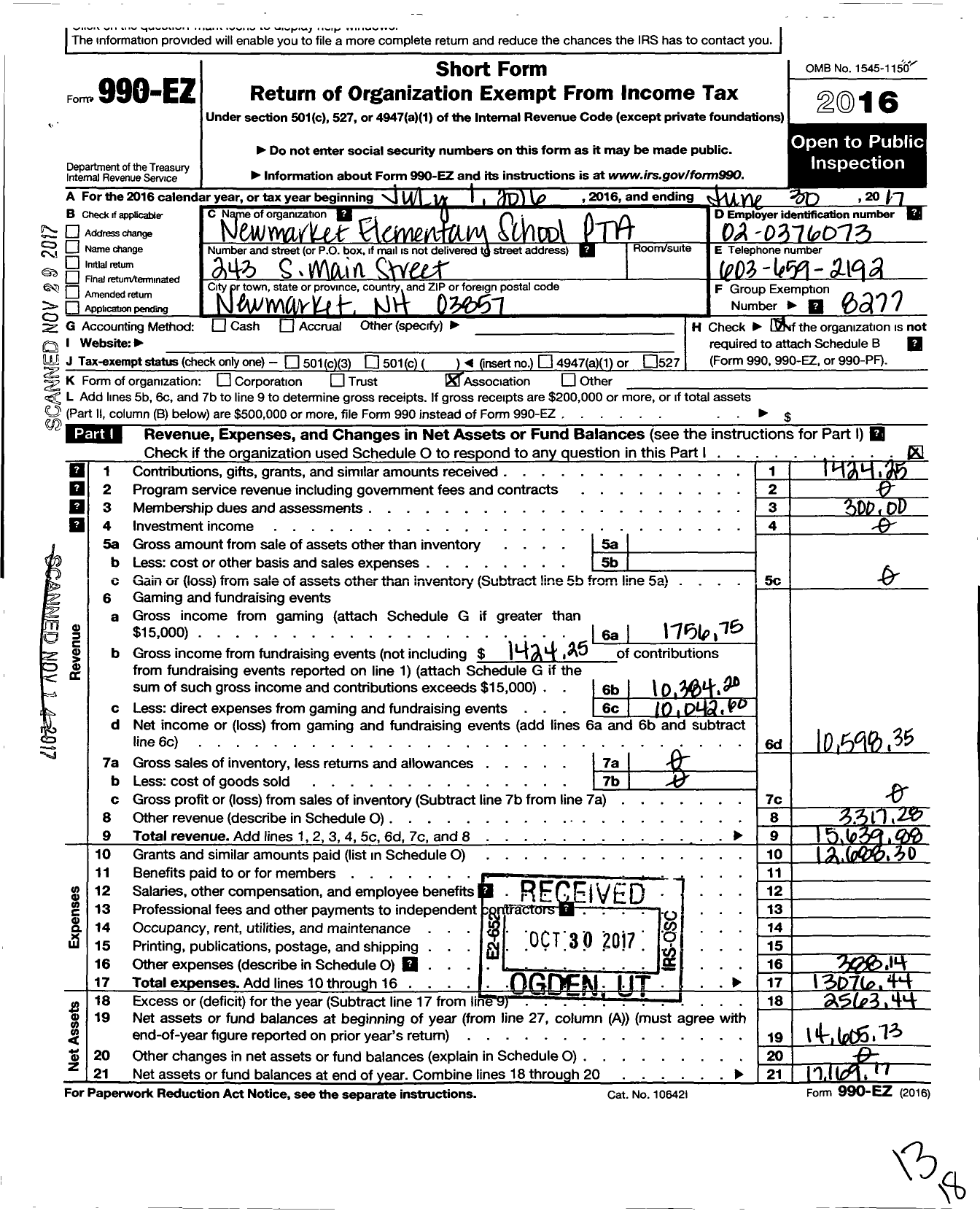 Image of first page of 2016 Form 990EO for New Hampshire Congress of Parents and Teachers / Newmarket Elementary PTA