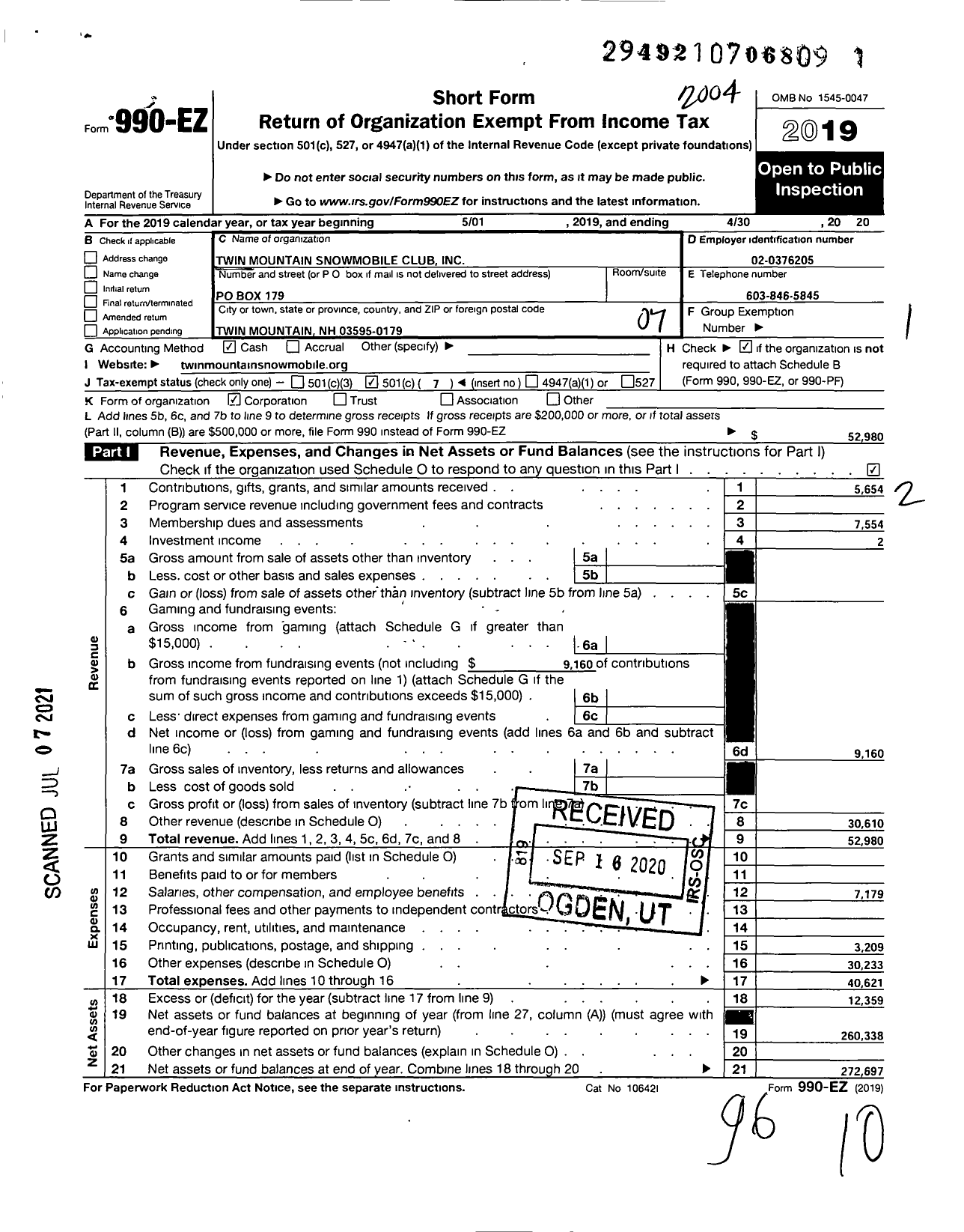 Image of first page of 2019 Form 990EO for Twin Mountain Snowmobile Club