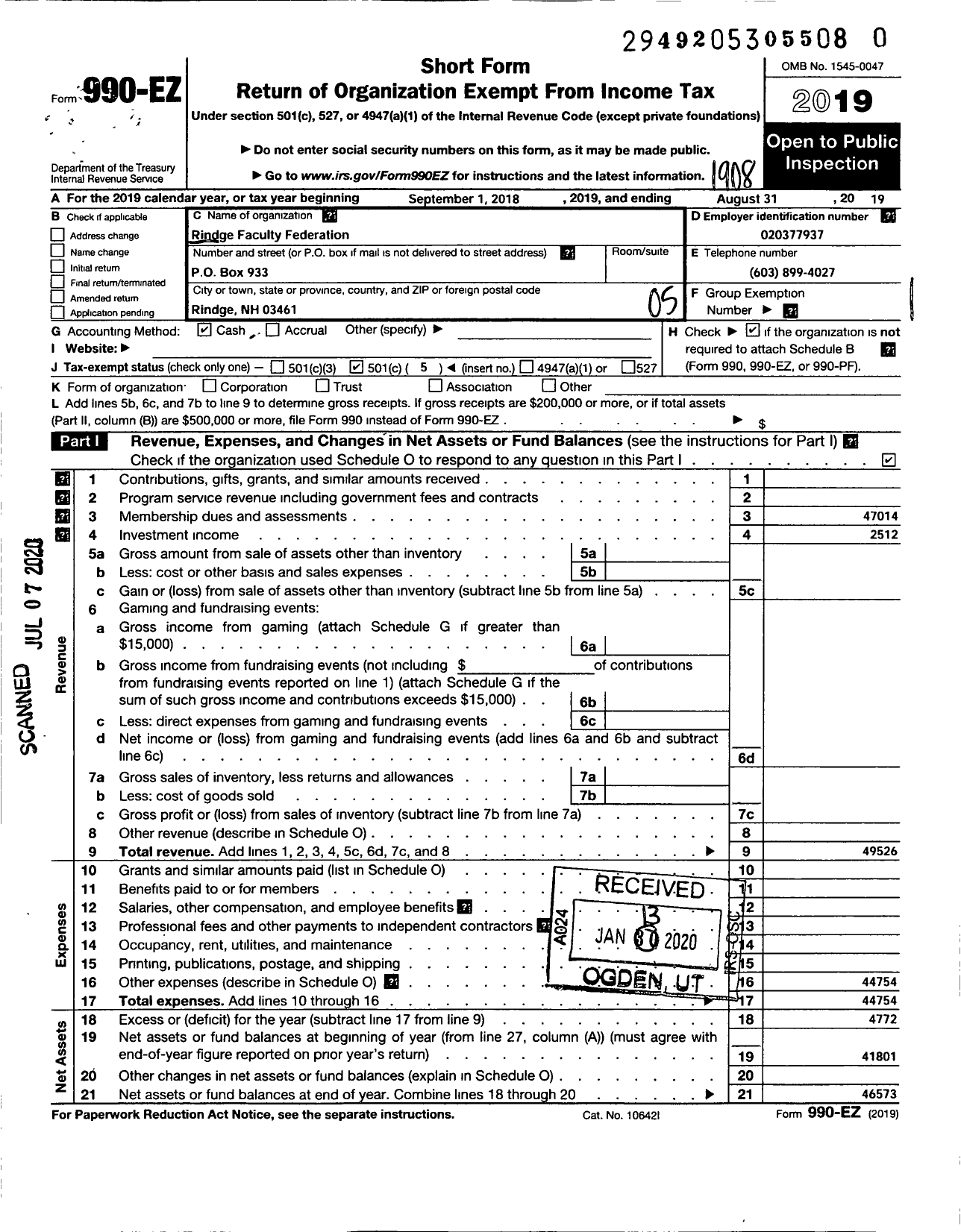 Image of first page of 2018 Form 990EO for AMERICAN FEDERATION OF TEACHERS - 2433 Rindge Faculty Fed LC