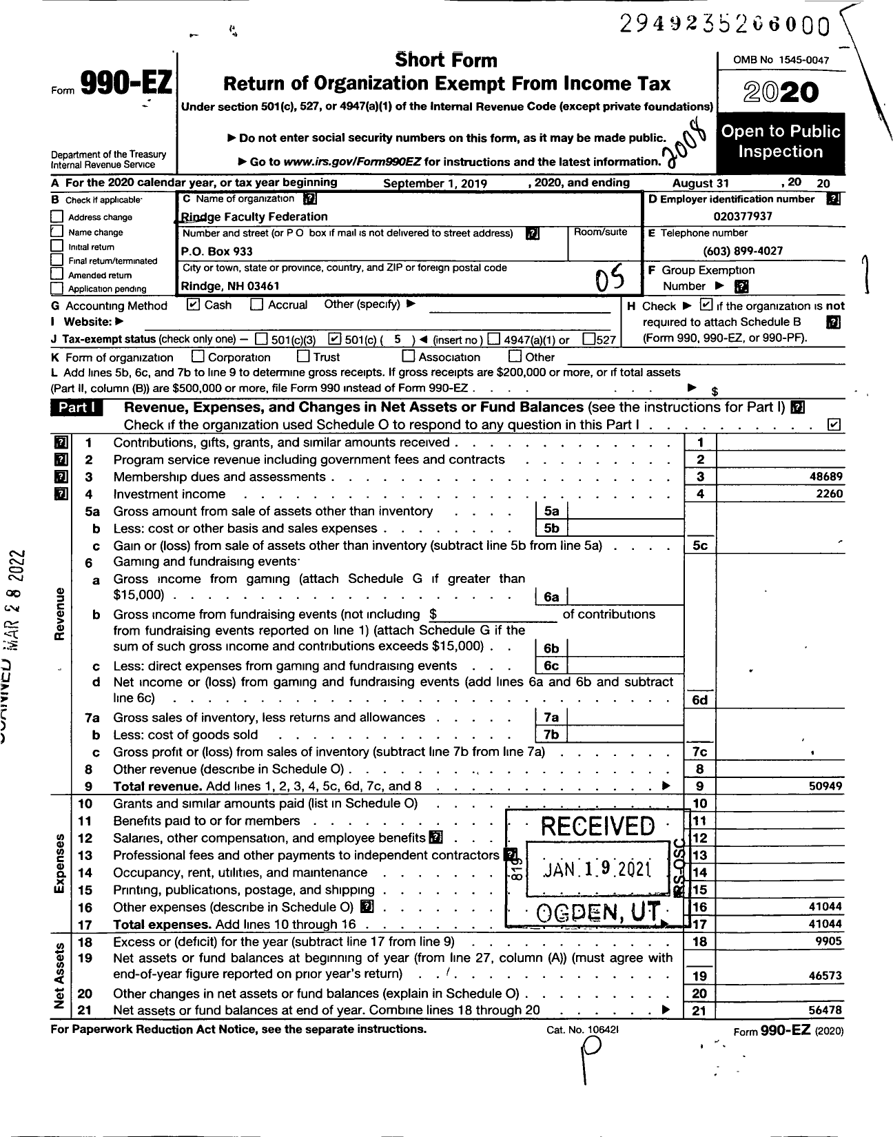 Image of first page of 2019 Form 990EO for AMERICAN FEDERATION OF TEACHERS - 2433 Rindge Faculty Fed LC