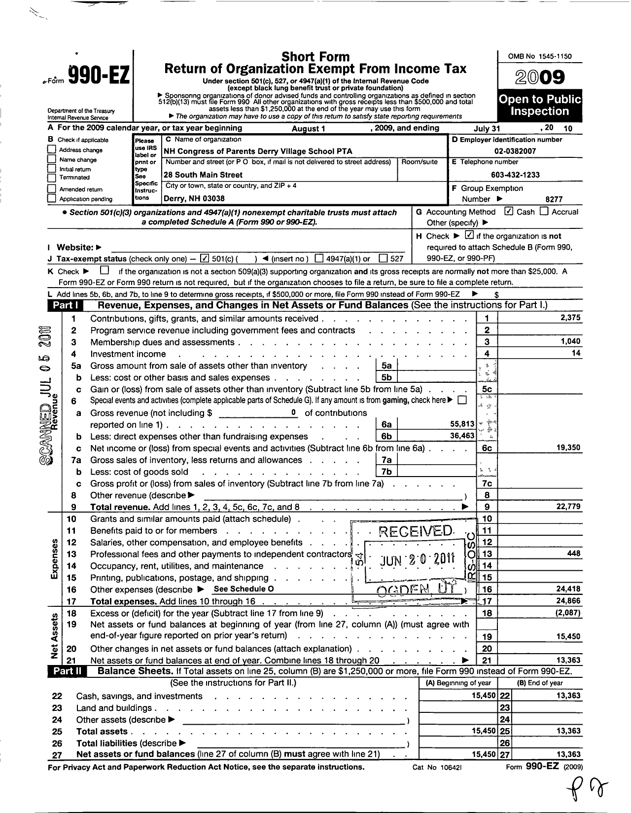 Image of first page of 2009 Form 990EO for Derry Village School PTA