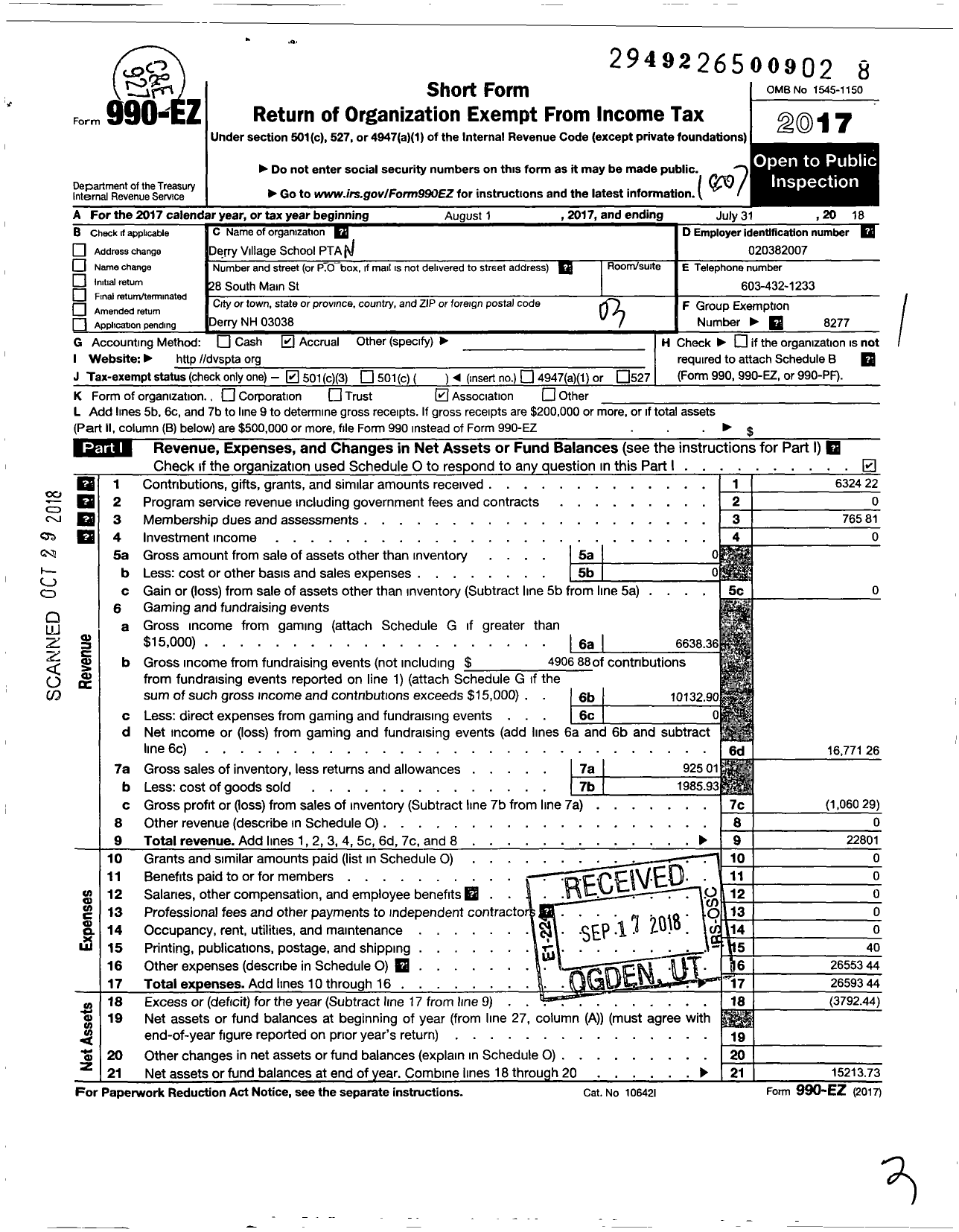 Image of first page of 2017 Form 990EZ for Derry Village School PTA