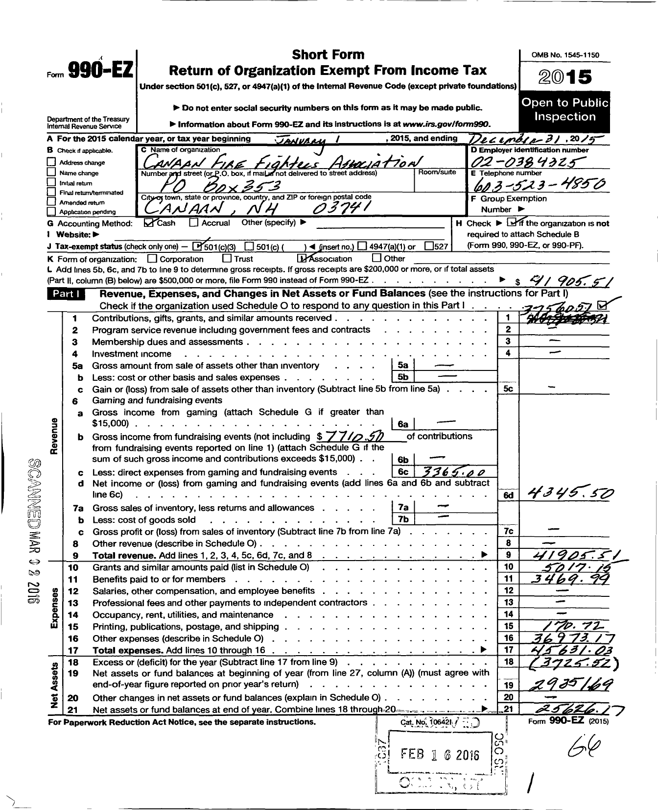 Image of first page of 2015 Form 990EZ for Canaan Firefighters Association