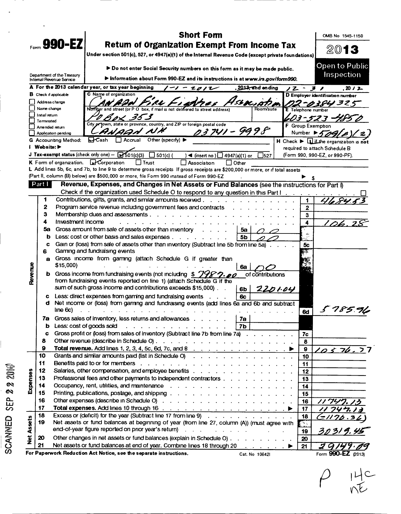 Image of first page of 2012 Form 990EZ for Canaan Firefighters Association