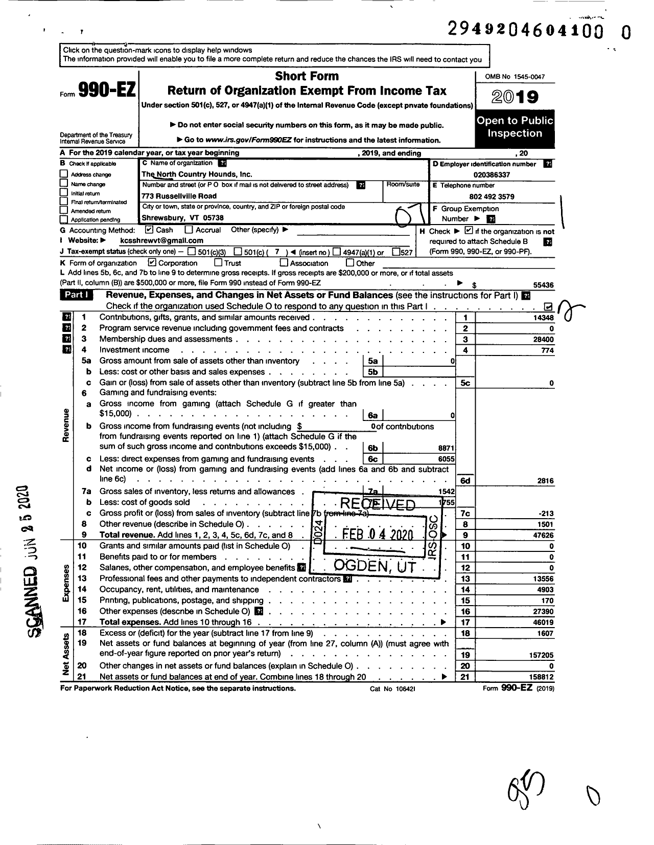 Image of first page of 2019 Form 990EO for The North Country Hounds