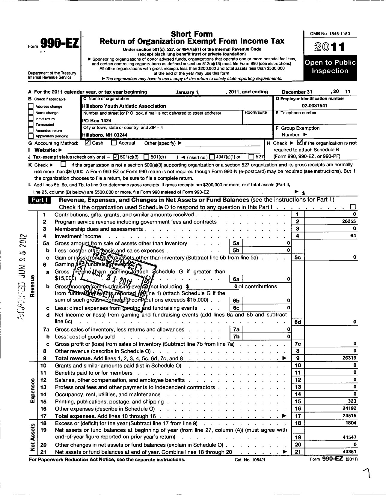 Image of first page of 2011 Form 990EZ for Hillsboro Farm Lea