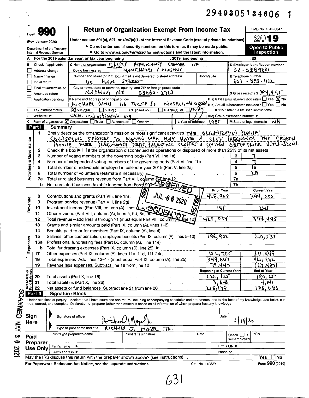 Image of first page of 2019 Form 990 for Crisis Pregnancy Center of Manchester / Nashua