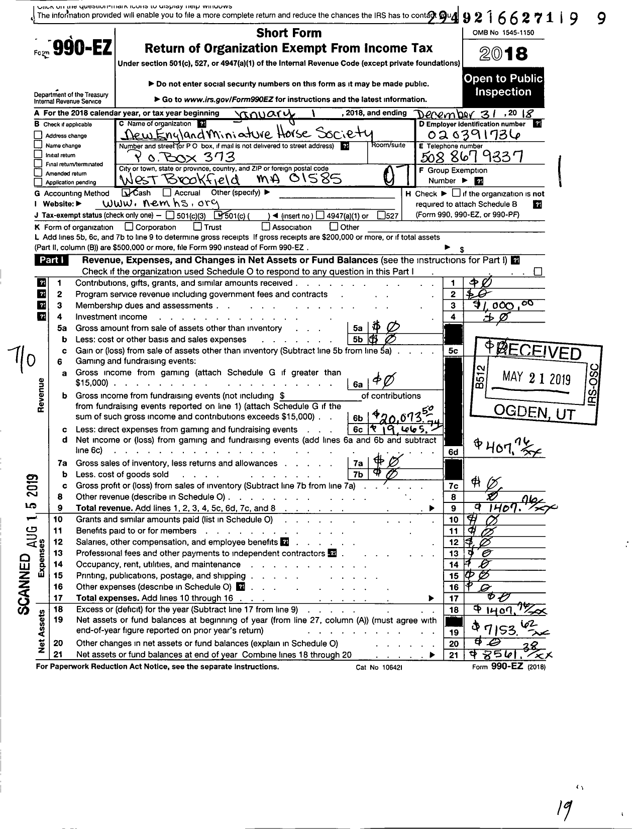 Image of first page of 2018 Form 990EO for New England Miniature Horse Society