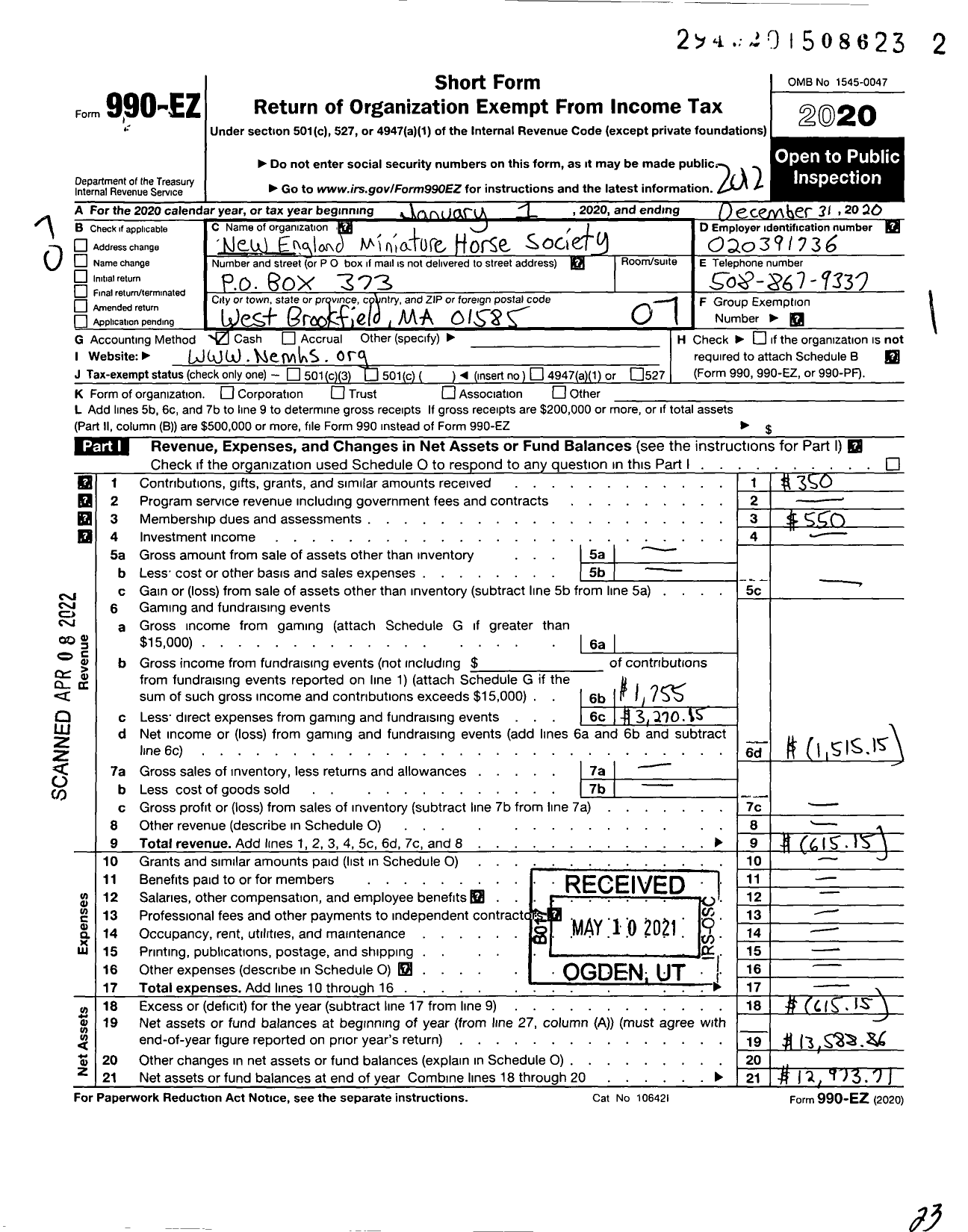 Image of first page of 2020 Form 990EO for New England Miniature Horse Society