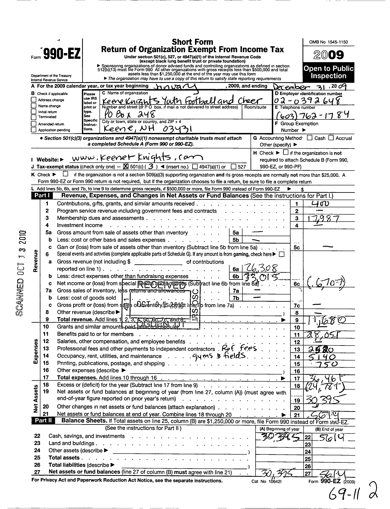 Image of first page of 2009 Form 990EZ for Keene Knights Youth Football and Spirit