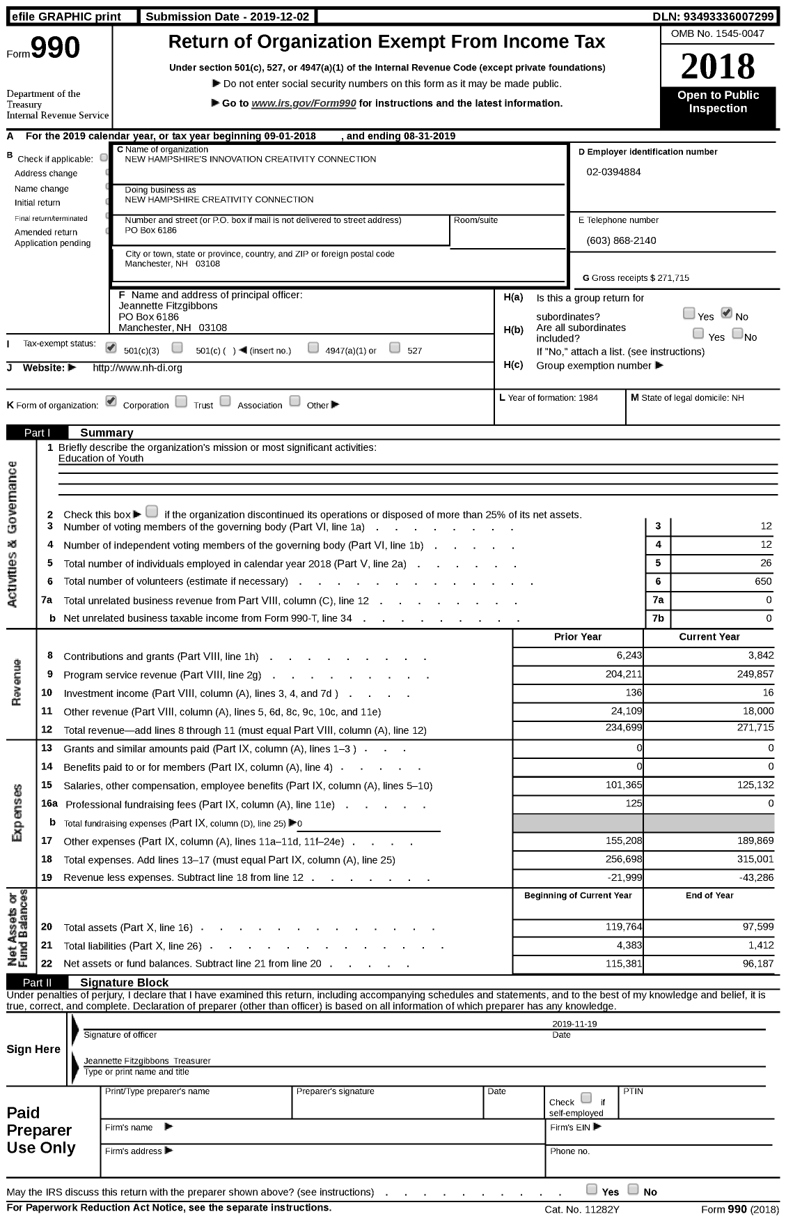 Image of first page of 2018 Form 990 for New Hampshire Creativity Connection (NHICC)