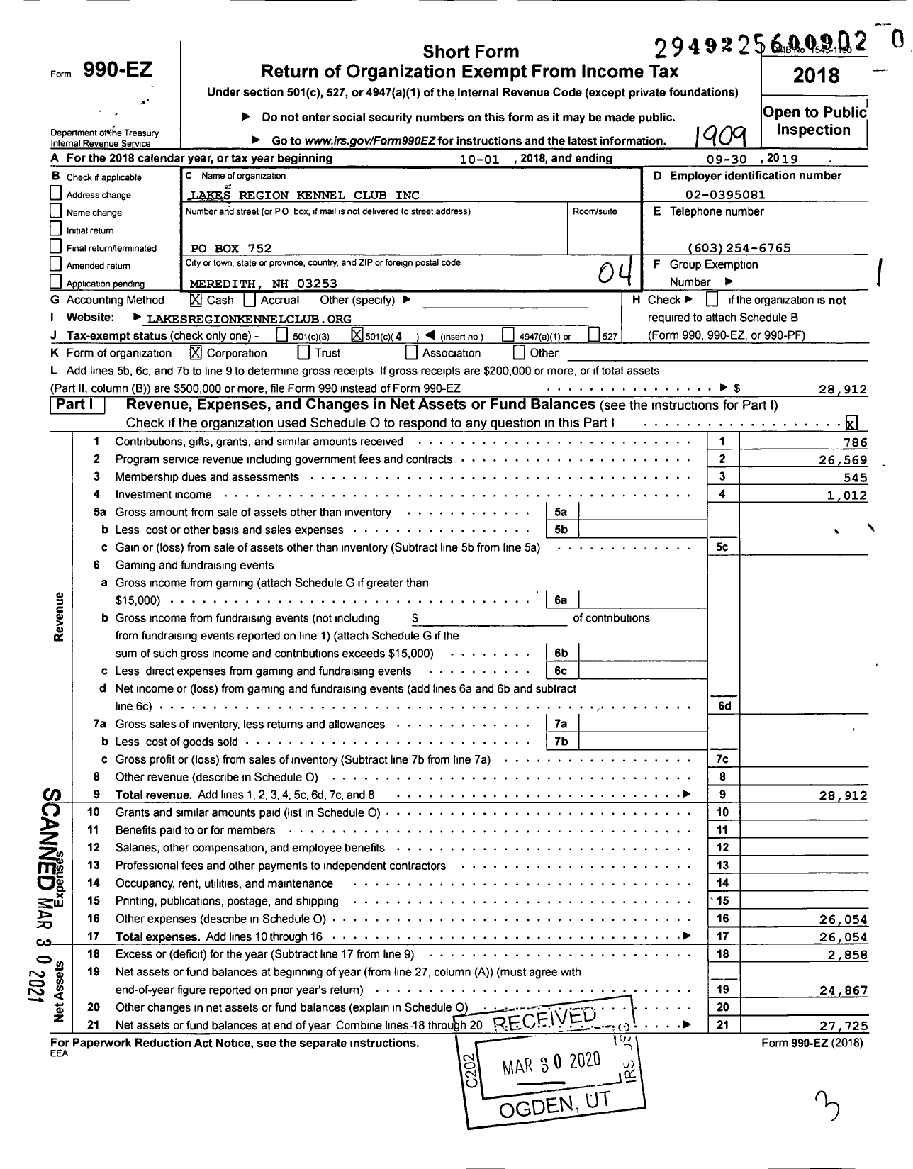 Image of first page of 2018 Form 990EO for The Lakes Region Kennel Club