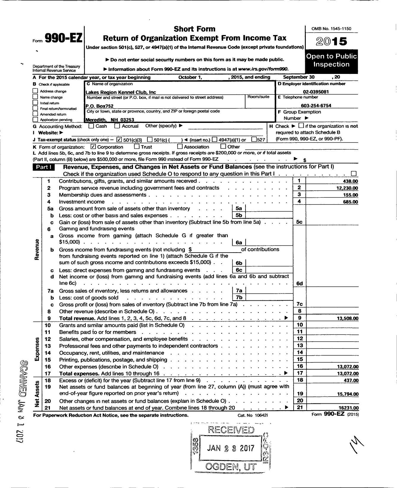 Image of first page of 2014 Form 990EZ for The Lakes Region Kennel Club