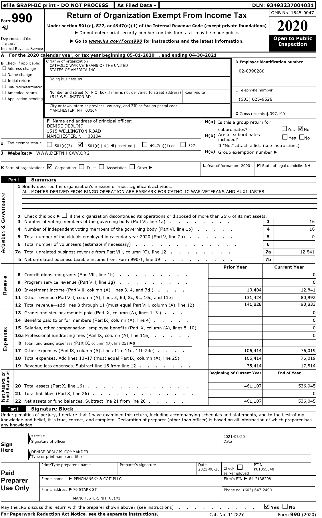 Image of first page of 2020 Form 990O for Catholic War Veterans of the United States of America / Dept of NH-CMR-CWV