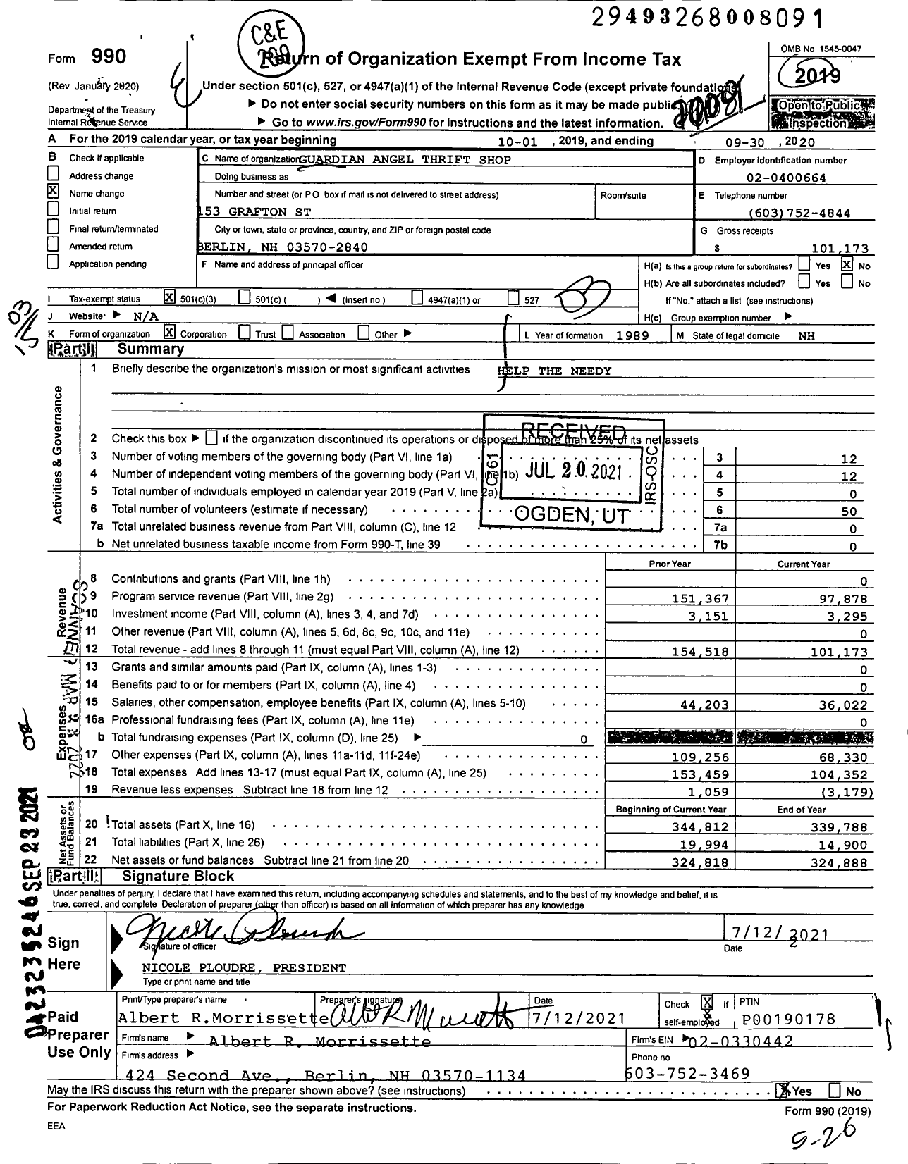 Image of first page of 2019 Form 990 for Guardian Angel Thrift Shop