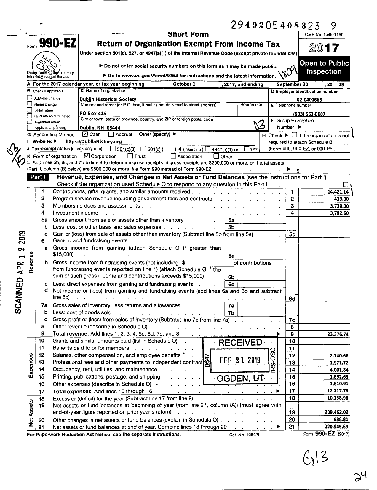 Image of first page of 2017 Form 990EZ for Dublin Historical Society