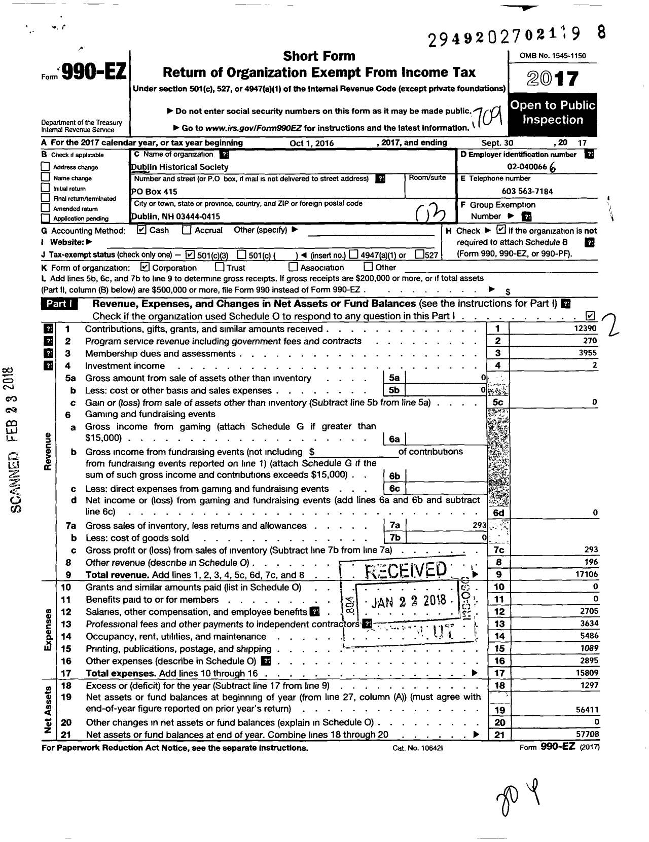 Image of first page of 2016 Form 990EZ for Dublin Historical Society