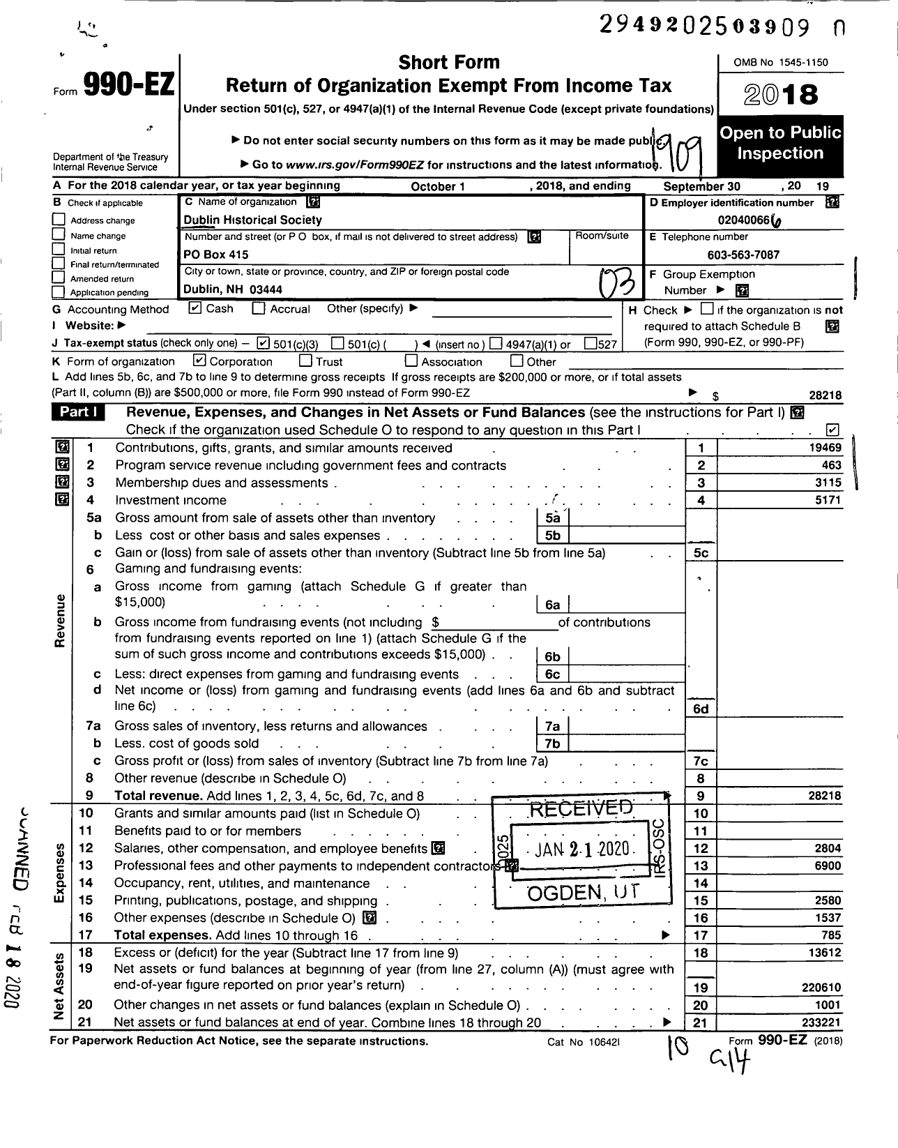 Image of first page of 2018 Form 990EZ for Dublin Historical Society