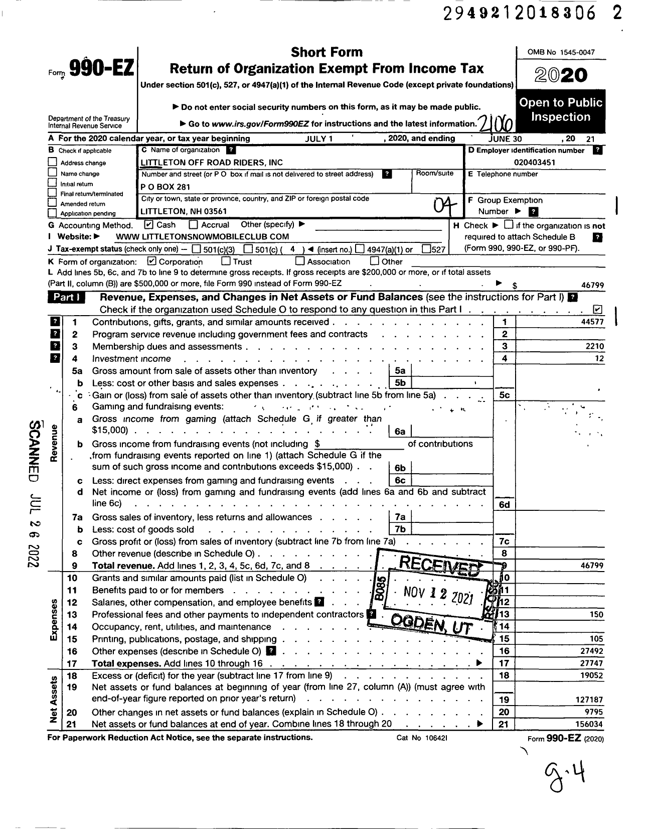 Image of first page of 2020 Form 990EO for Littleton Off Road Riders