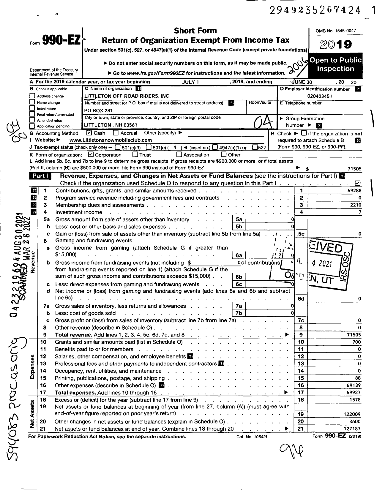 Image of first page of 2019 Form 990EO for Littleton Off Road Riders