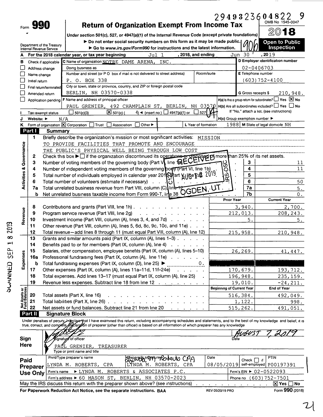 Image of first page of 2018 Form 990O for Notre Dame Arena