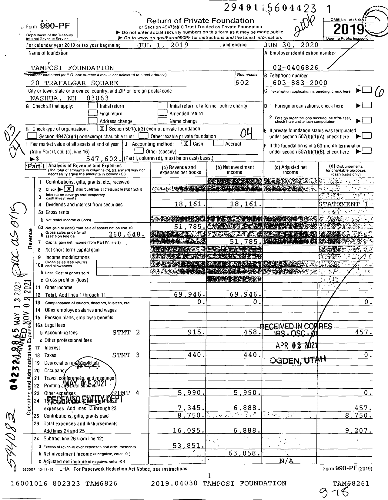 Image of first page of 2019 Form 990PF for Tamposi Foundation