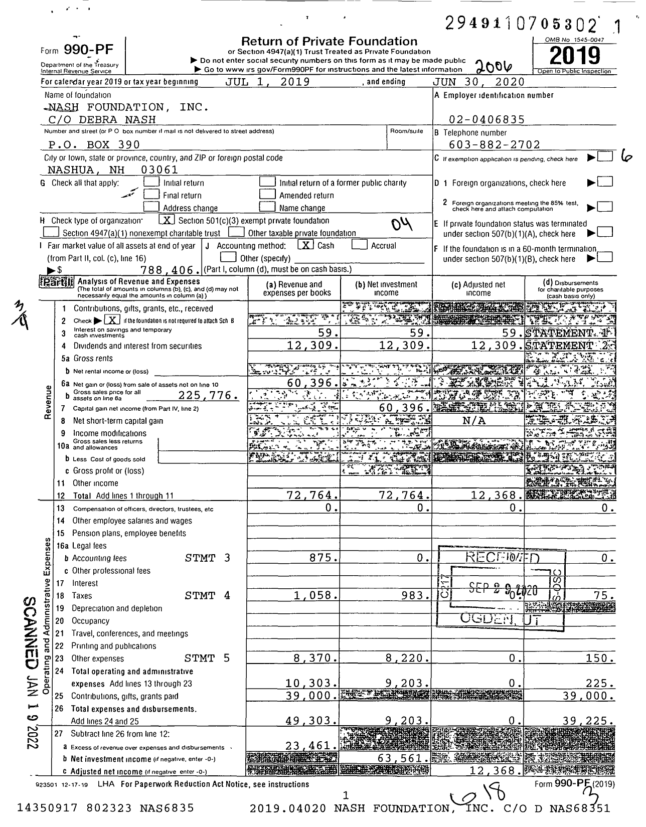 Image of first page of 2019 Form 990PF for Nash Foundation