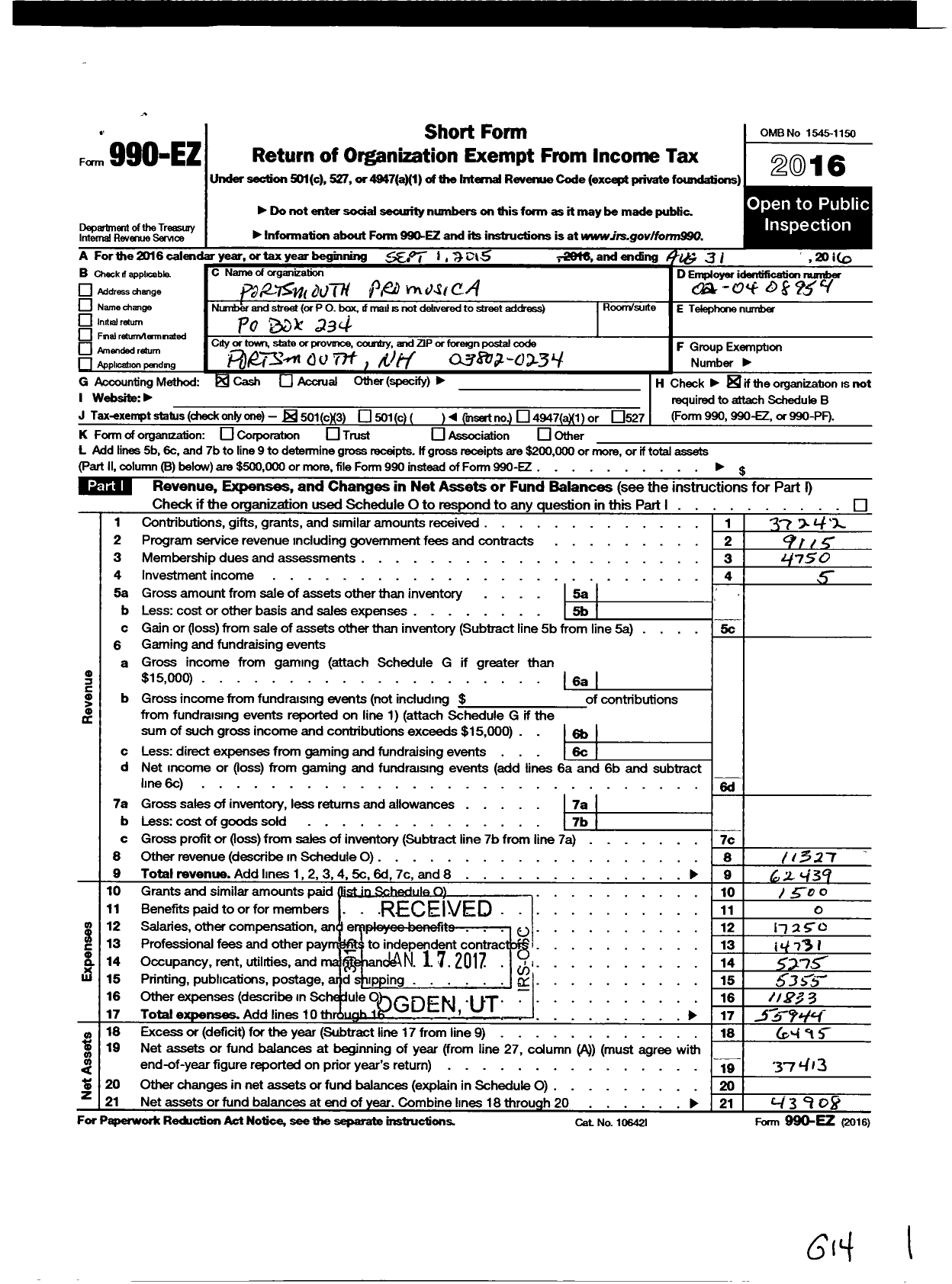 Image of first page of 2015 Form 990EZ for Portsmouth Pro Musica