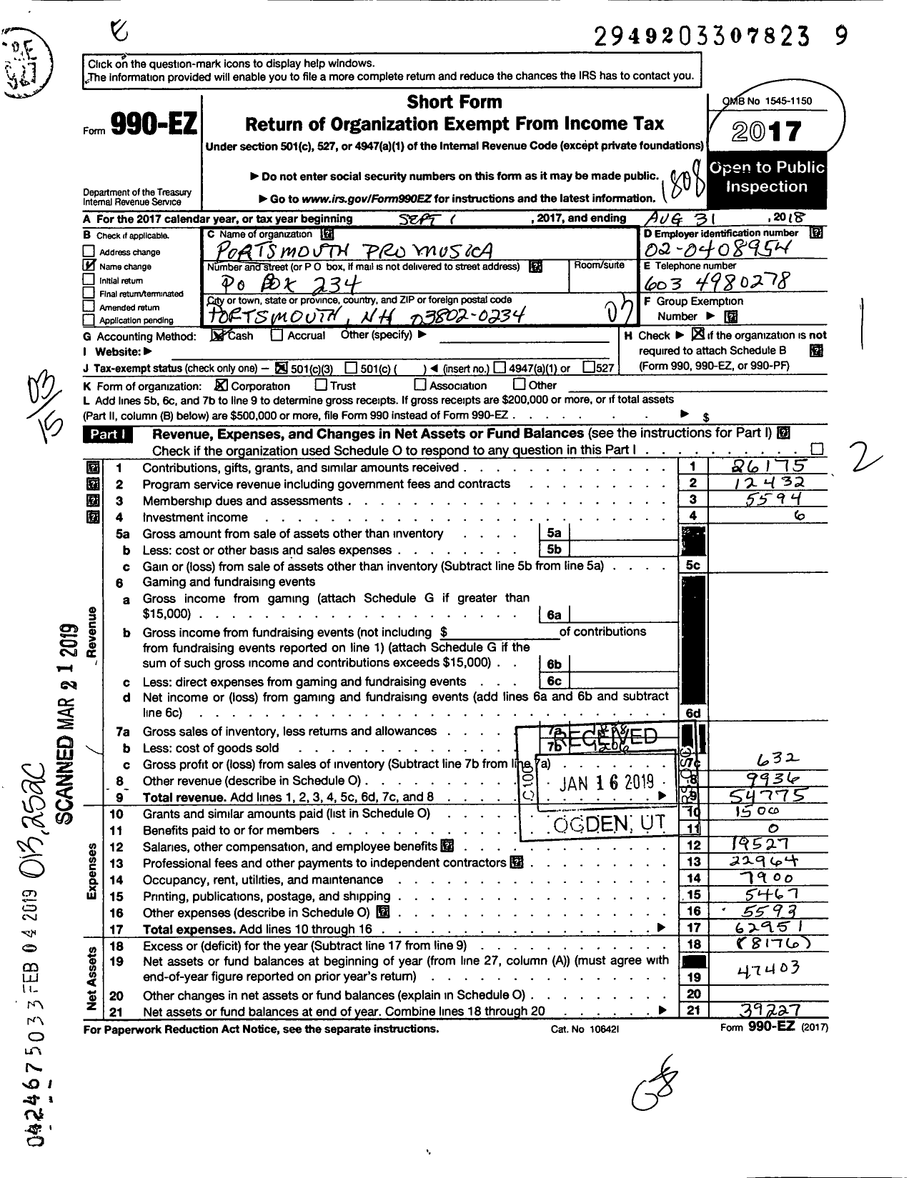 Image of first page of 2017 Form 990EZ for Portsmouth Pro Musica