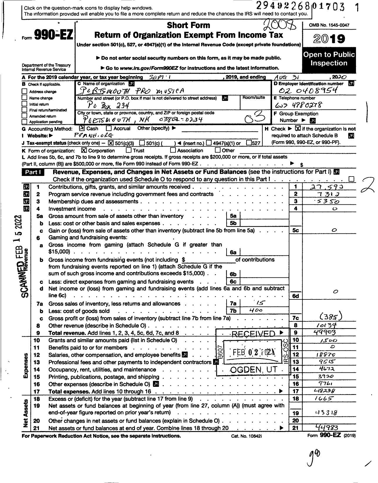 Image of first page of 2019 Form 990EZ for Portsmouth Pro Musica