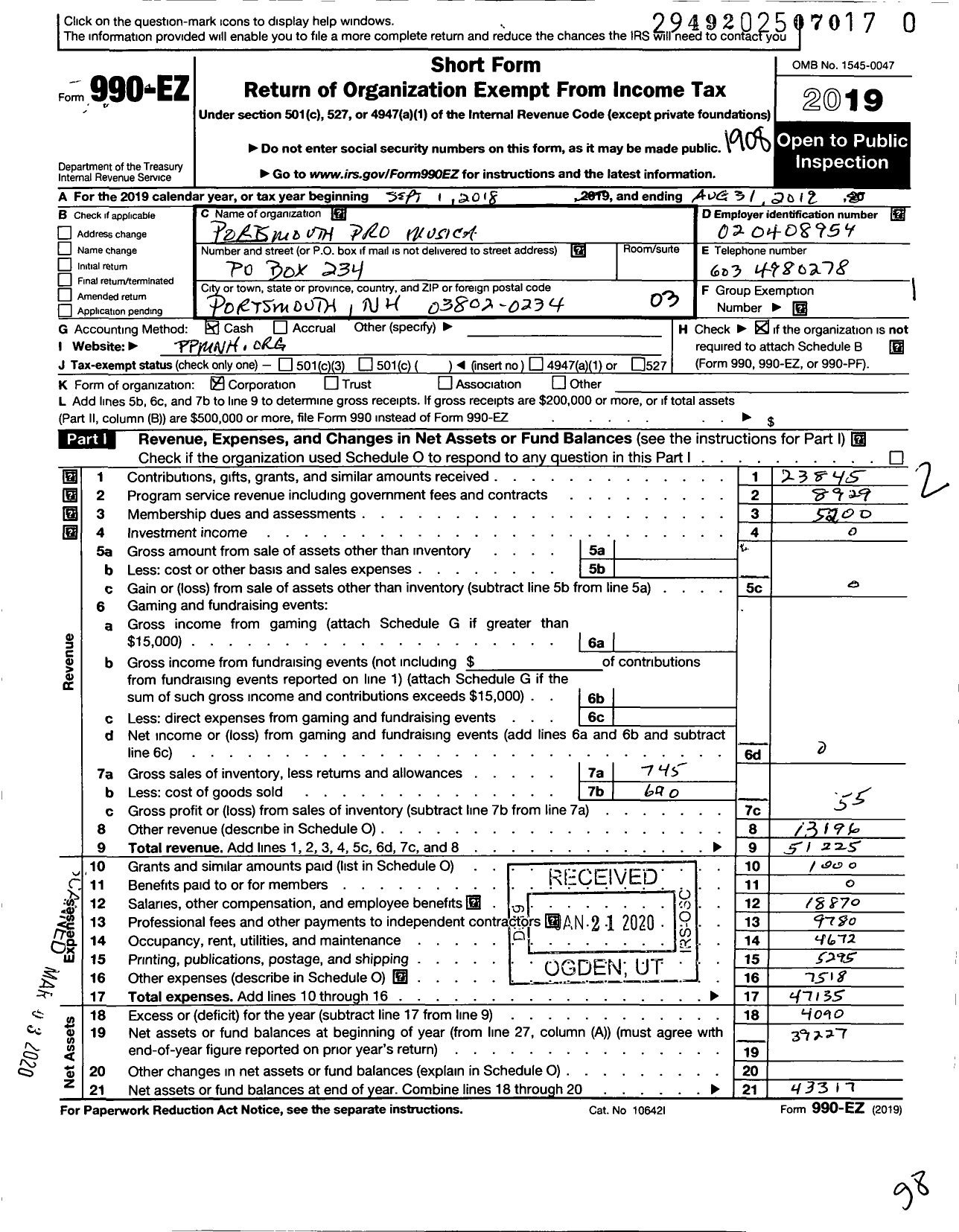 Image of first page of 2018 Form 990EZ for Portsmouth Pro Musica