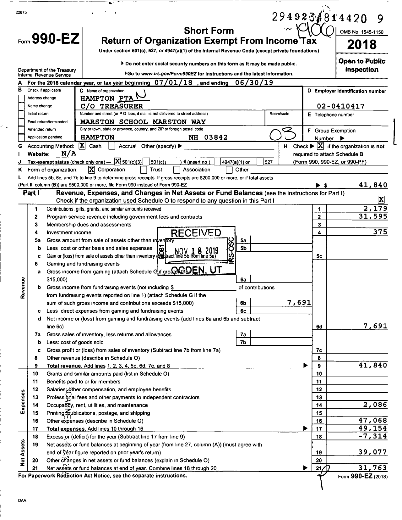 Image of first page of 2018 Form 990EZ for Hampton PTA