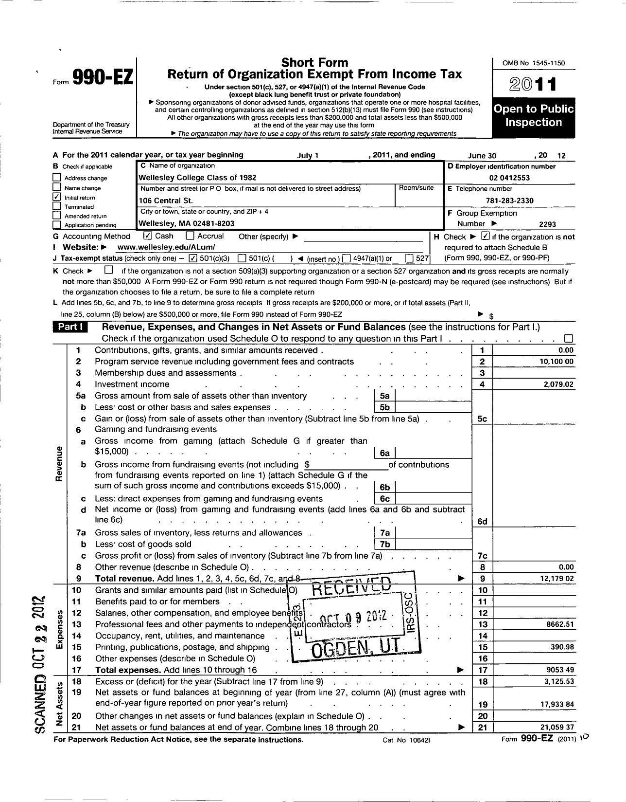 Image of first page of 2011 Form 990EZ for Wellesley College Alumnae Association - 1982 Class