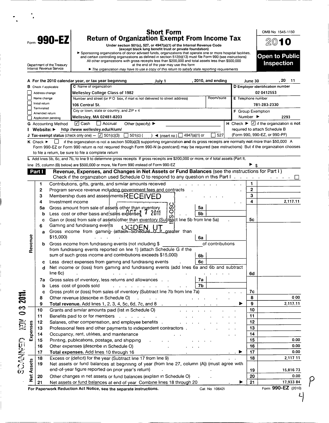 Image of first page of 2010 Form 990EZ for Wellesley College Alumnae Association - 1982 Class