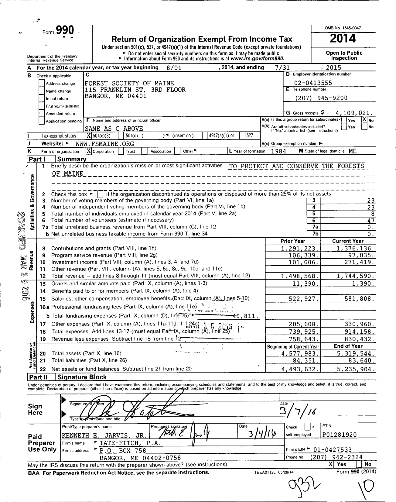Image of first page of 2014 Form 990 for Forest Society of Maine (FSM)