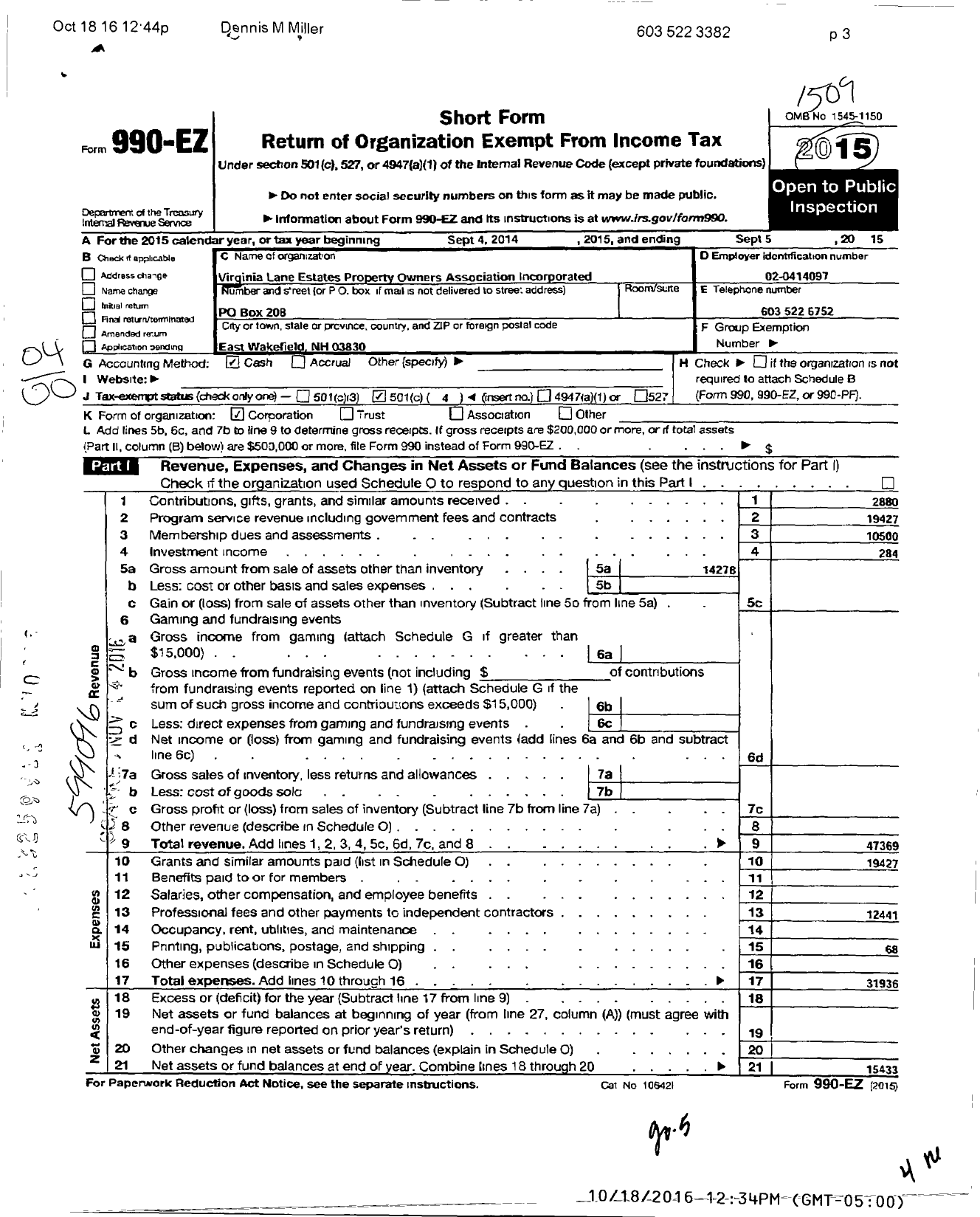 Image of first page of 2014 Form 990EO for Virginia Lane Estates Property Owners Association Incorporated