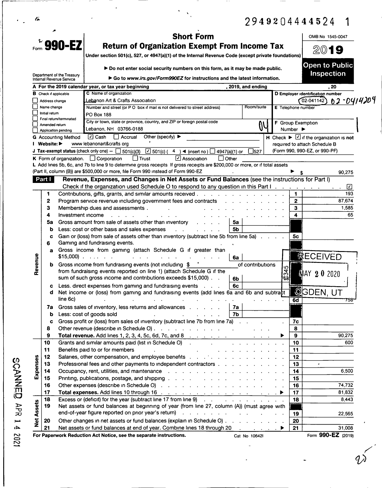 Image of first page of 2019 Form 990EO for Lebanon Art and Crafts Association