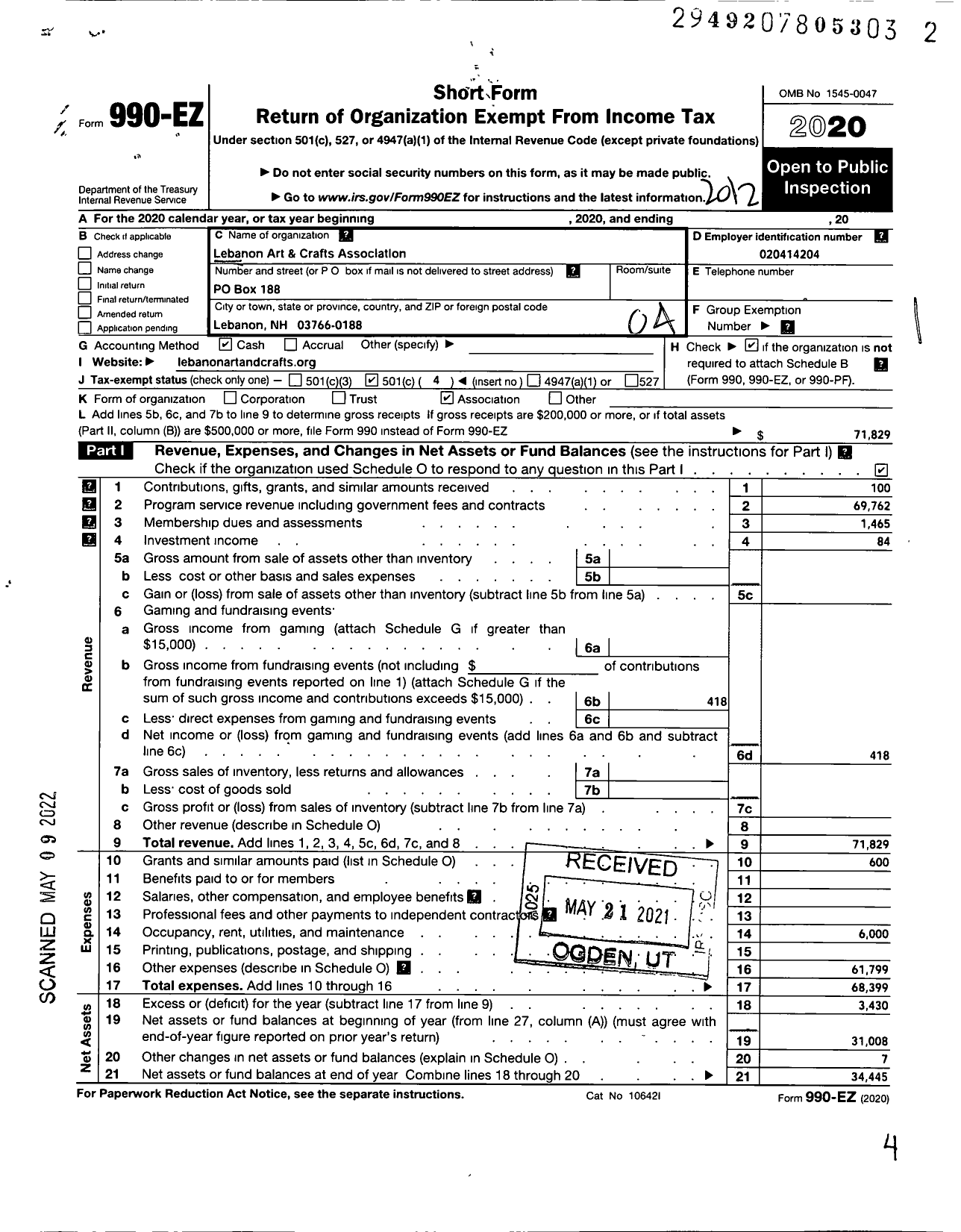 Image of first page of 2020 Form 990EO for Lebanon Art and Crafts Association