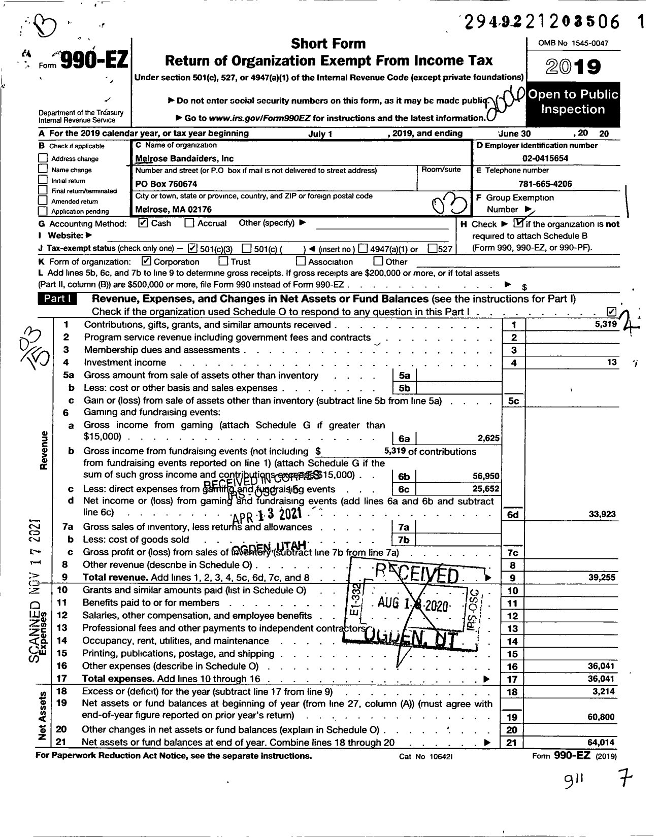 Image of first page of 2019 Form 990EZ for Melrose Bandaiders